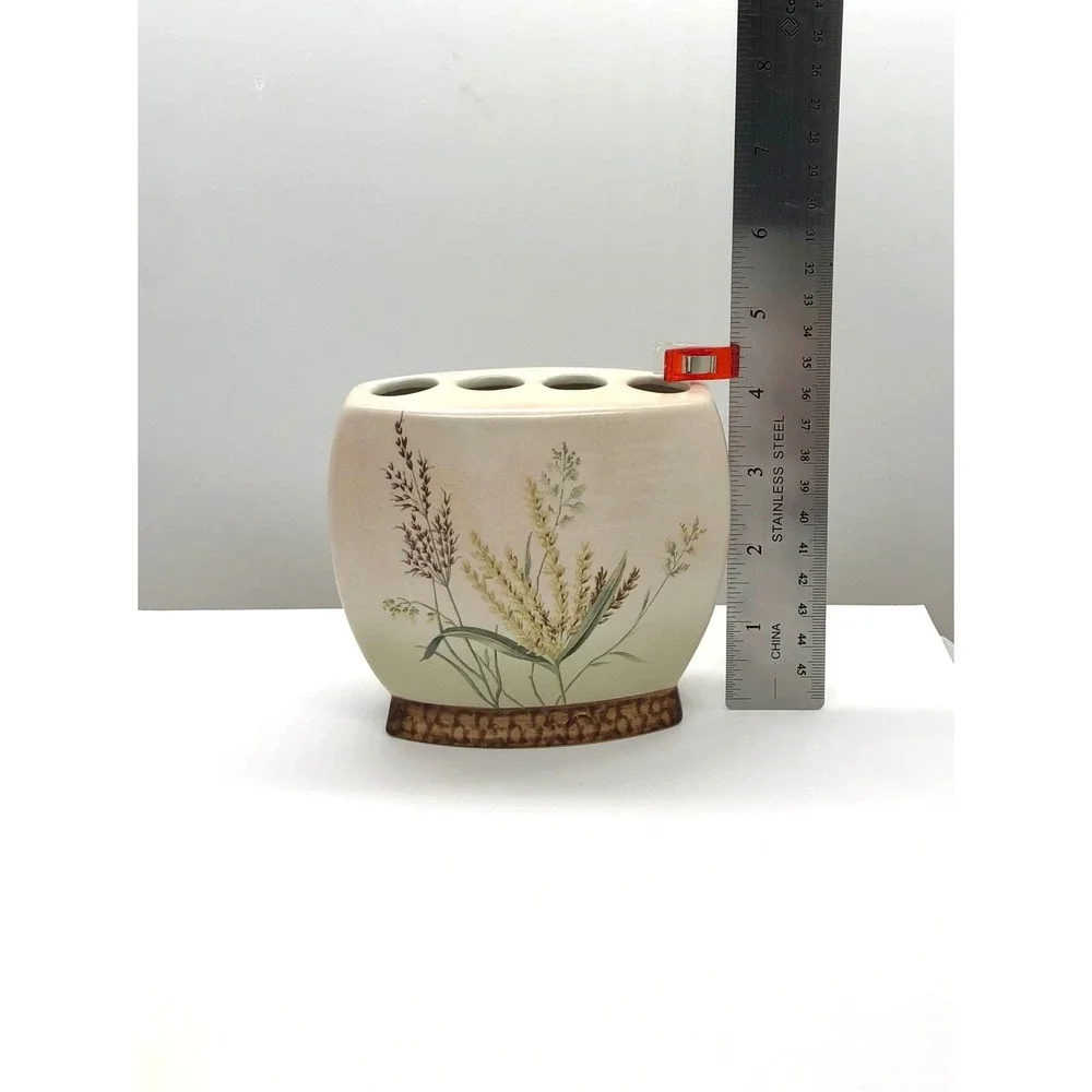 Hand Painted Ceramic Toothbrush Holder Wheat Botanical Farmhouse Decor 4 Slot
